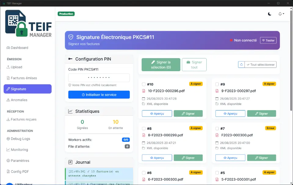 interface de signature des factures électroniques